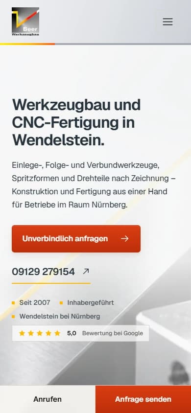 Beer Werkzeugbau: mobile Website mit Leistungsangebot für Werkzeugbau und CNC-Fertigung