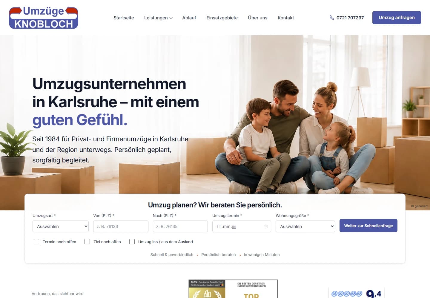 Umzüge Knobloch: Desktop-Website des Umzugsunternehmens aus Karlsruhe mit Einstieg und Schnellanfrage