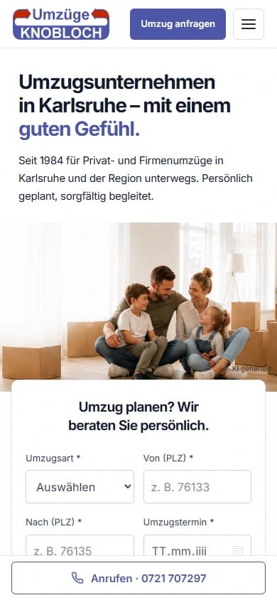 Umzüge Knobloch: mobile Website mit Leistungsangebot und digitalem Anfrageweg