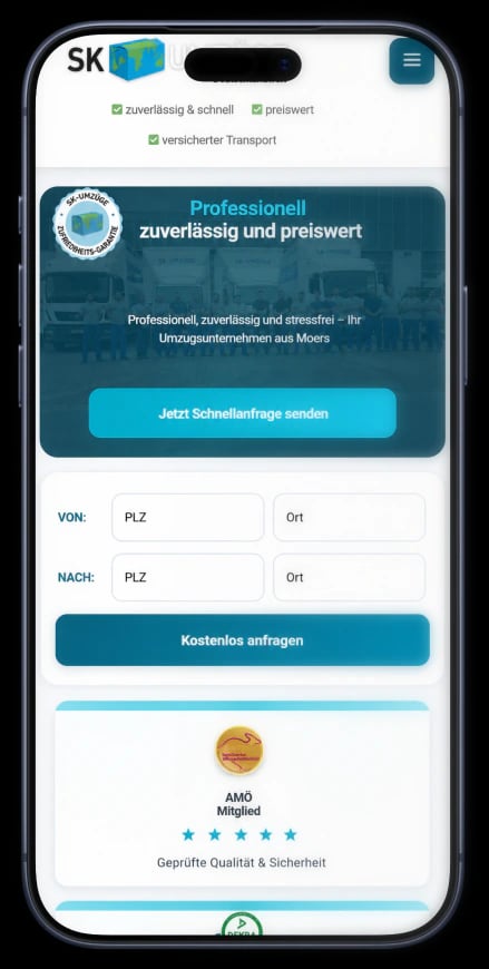 SK Umzüge – Mobile-Ansicht der Website